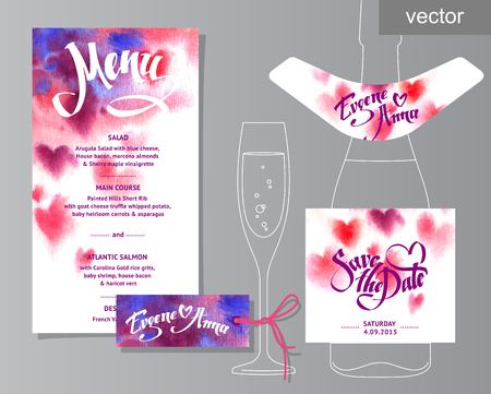 Vector set of invitation cards with watercolor elements, hearts.Watercolor wedding collection. Design invitation templates. Save the date calligraphy. Vector illustrationのイラスト素材