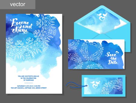 Vector set of invitation cards with watercolor elements, hearts.Watercolor wedding collection. Design invitation templates. Save the date calligraphy. Vector illustrationのイラスト素材