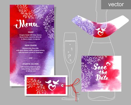 Vector set of invitation cards with watercolor elements, hearts.Watercolor wedding collection. Design invitation templates. Save the date calligraphy. Vector illustrationのイラスト素材