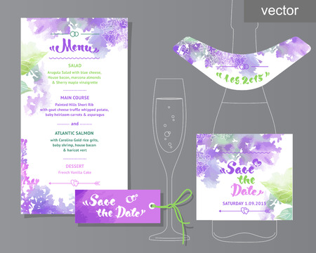 Vector set of invitation cards with watercolor elements, hearts.Watercolor wedding collection. Design invitation templates. Save the date calligraphy. Vector illustrationのイラスト素材