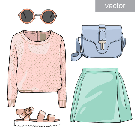 Lady fashion set of summer outfit. Illustration stylish and trendy clothing. Skirt, blouse, sweatshirt, bag, sunglasses, sandals. Vector.のイラスト素材