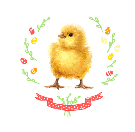 Easter realistic cute yellow little chicken illustrationの写真素材