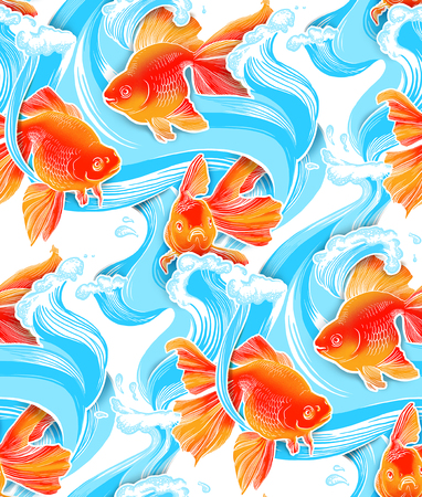 Goldfish illustration artwork line underwater pattern seamless textureの写真素材