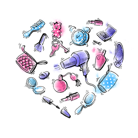 Cosmetics pattern with lipstick, mascara, perfume. White background.の写真素材