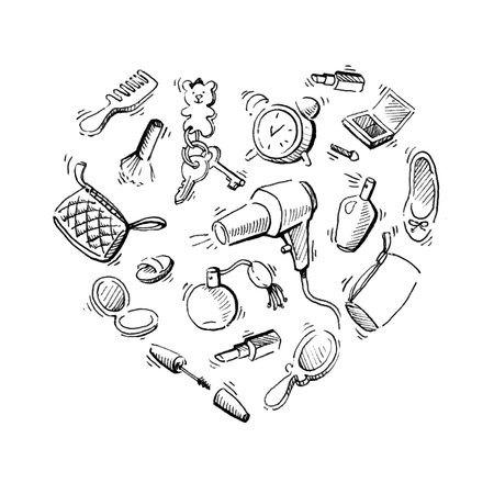 Cosmetics pattern with lipstick, mascara, perfume. White background.の写真素材