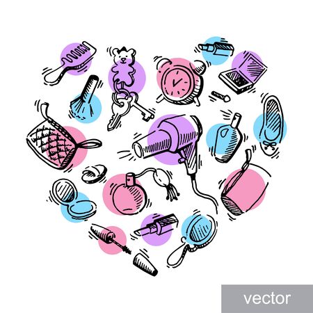 Cosmetics pattern with lipstick, mascara, perfume. White background.  Vectorのイラスト素材