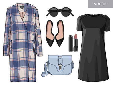 Lady fashion set of autumn, winter season outfit. Illustration stylish and trendy clothing. Coat, dress, bag, necklace, accessories, sunglasses, high heel shoes.のイラスト素材