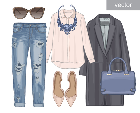 Lady fashion set of autumn, winter season outfit. Illustration stylish and trendy clothing. Coat, pants, denim, sunglasses, necklace, scarf, shoes.のイラスト素材