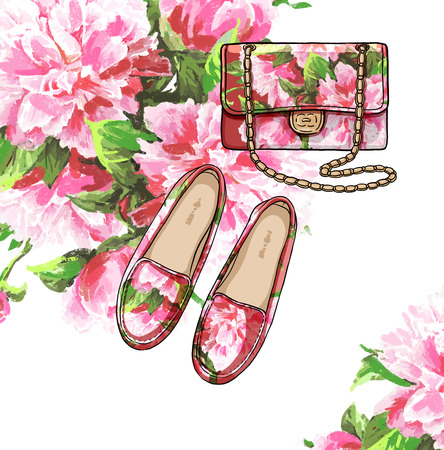 Lady fashion set of spring season outfit. Illustration stylish and trendy clothing. Bag and shoes withs flower peony watercolor romantic patternの写真素材