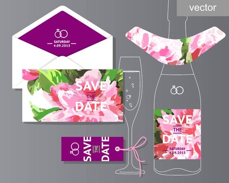 set of invitation cards with illustration of flowers PEONY watercolor hand draw romantic. Wedding collection. Design invitation templates.のイラスト素材