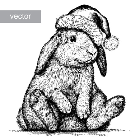 Rabbit, black and white engrave. Christmas hat.のイラスト素材