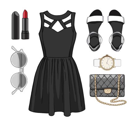 Lady fashion set of spring, summer season outfit. Illustration stylish and trendy clothing.の写真素材