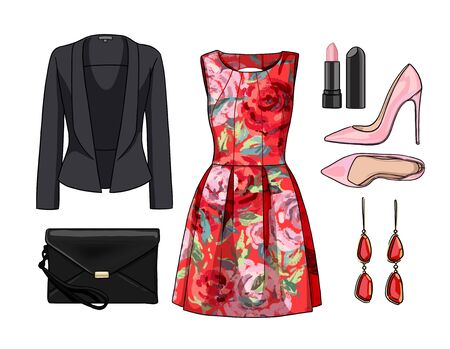 Lady fashion set of spring, summer season outfit. Illustration stylish and trendy clothing.の写真素材
