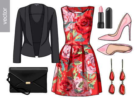 Lady fashion set of spring, summer season outfit. Illustration stylish and trendy clothing. Vector.のイラスト素材