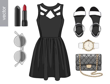 Lady fashion set of spring, summer season outfit. Illustration stylish and trendy clothing. Vector.の写真素材