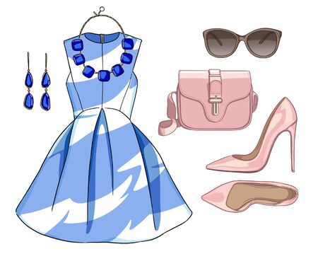 Lady fashion set of spring season outfit. Illustration stylish and trendy clothing. Dress, bag, accessories, sunglasses, high heel shoes. Black, emerald.の写真素材