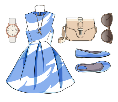 Lady fashion set of spring season outfit. Illustration stylish and trendy clothing. Dress, bag, accessories, sunglasses, shoes.の写真素材