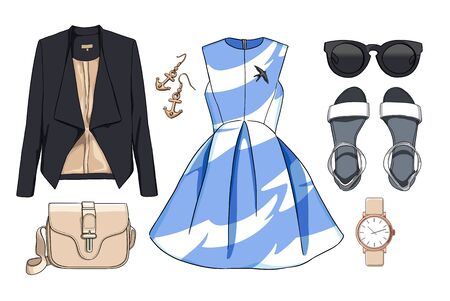 Lady fashion set of spring season outfit. Illustration stylish and trendy clothing. Dress, bag, accessories, sunglasses, shoes.の写真素材