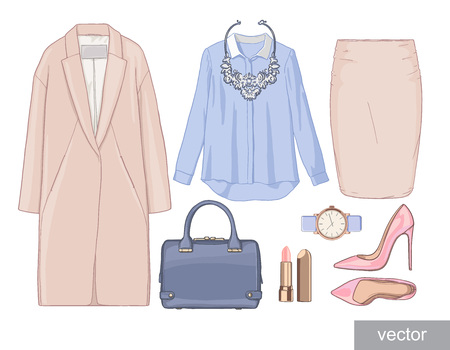 Lady fashion set of outfit. Stylish and trendy clothing Vector.の写真素材