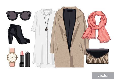 Lady fashion set of autumn, winter season outfit. Illustration stylish and trendy clothing. Vector.の写真素材