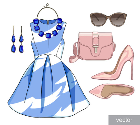 Lady fashion set of spring season outfit. Illustration stylish and trendy clothing. Dress, bag, accessories, sunglasses, high heel shoes. Vector.の写真素材
