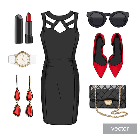 Lady fashion set of spring, summer season outfit. Illustration stylish and trendy clothing. Vector.の写真素材