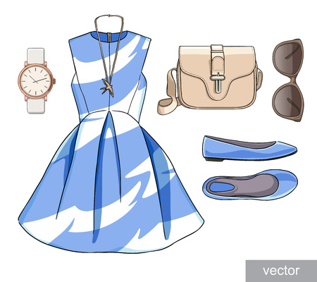 Lady fashion set of spring season outfit. Illustration stylish and trendy clothing. Dress, bag, accessories, sunglasses, high heel shoes. Vector.の写真素材