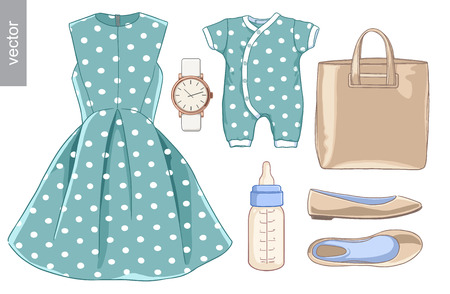 Vector. Lady fashion set of spring season outfit. Illustration stylish and trendy clothing.のイラスト素材