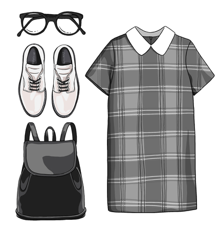 Lady fashion set of autumn, winter season outfit. Illustration stylish and trendy clothing.の写真素材