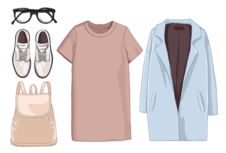 Lady fashion set of autumn, winter season outfit. Illustration stylish and trendy clothing.の写真素材