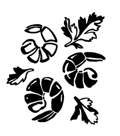 Shrimp, prawn. Seafood, rosemary, greens, parsley. Ink hand drawing. Food, vegetables and fruit isolated on white background. Book illustration, recipe, menu, magazine or journal article.の写真素材