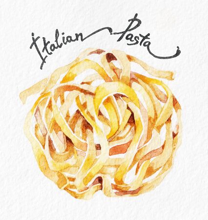 Pasta. Fettuccine, tagliatelle. Watercolor hand drawing. Food, vegetables and fruit isolated on white background. Book illustration, recipe, menu, magazine or journal article.の写真素材