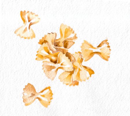 Pasta. Farfalle. Watercolor hand drawing. Food, vegetables and fruit isolated on white background. Book illustration, recipe, menu, magazine or journal article.の写真素材