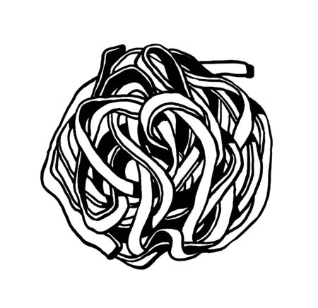 Pasta. Fettuccine, tagliatelle. Ink hand drawing. Black and white. Food, vegetables and fruit isolated on white background. Book illustration, recipe, menu, magazine or journal article.の写真素材