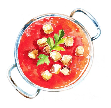 Minestrone soup. Watercolor hand drawing. Food, vegetables and fruit isolated on white background. Book illustration, recipe, menu, magazine or journal article.の写真素材