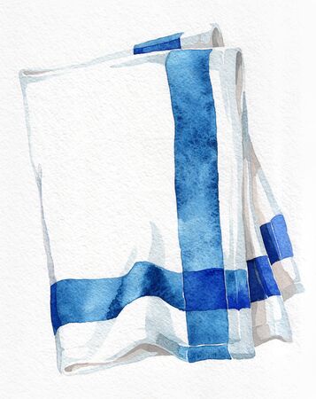 Striped kitchen towel. Watercolor hand drawing. Object isolated on white background. Cookbook illustration, recipe, menu, magazine or journal articleの写真素材