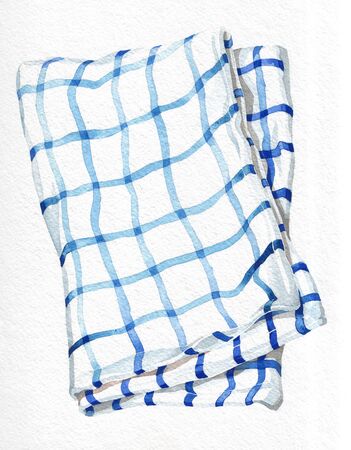 Striped kitchen towel. Watercolor hand drawing. Object isolated on white background. Cookbook illustration, recipe, menu, magazine or journal articleの写真素材