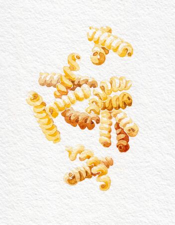 Pasta. Fusilli. Watercolor hand drawing. Black and white. Food, vegetables and fruit isolated on white background. Book illustration, recipe, menu, magazine or journal article.の写真素材