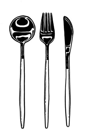 Cutlery, spoon, fork, knife. Ink hand drawing. Black and white. Food, vegetables and fruit isolated on white background. Book illustration, recipe, menu, magazine or journal article. Top view.の写真素材