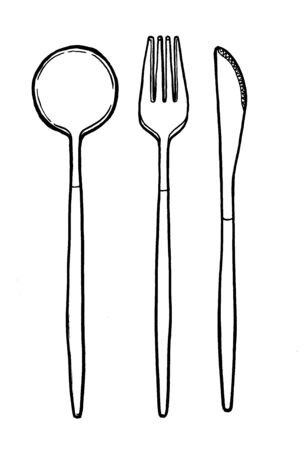 Cutlery, spoon, fork, knife. Ink hand drawing. Black and white. Food, vegetables and fruit isolated on white background. Book illustration, recipe, menu, magazine or journal article. Top view.の写真素材