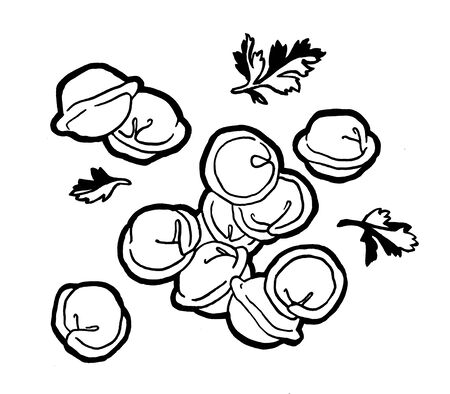 Dumplings in a pot. Ink hand drawing. Food, vegetables and fruit isolated on white background. Book illustration, recipe, menu, magazine or journal article.の写真素材