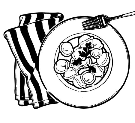 Dumplings on a plate. Ink hand drawing. Food, vegetables and fruit isolated on white background. Book illustration, recipe, menu, magazine or journal article.の写真素材