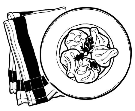 Khinkali, hinkali on a plate. Georgian menu cuisine. Ink hand drawing. Food, vegetables and fruit isolated on white background. Book illustration, recipe, menu, magazine or journal articleの写真素材