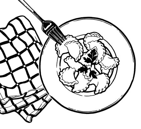 Dumplings, vareniki on a plate. Ink hand drawing. Food, vegetables and fruit isolated on white background. Book illustration, recipe, menu, magazine or journal article.の写真素材
