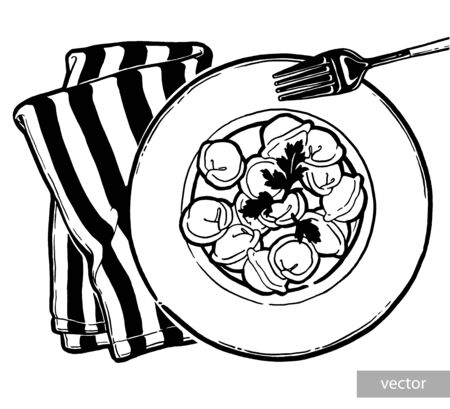 Dumplings on a plate. Ink hand drawing. Food, vegetables and fruit isolated on white background. Book illustration, recipe, menu, magazine or journal article.のイラスト素材