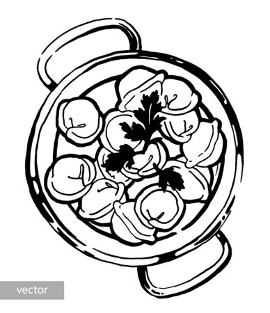 Dumplings in a pot. Ink hand drawing. Black and white.Food, vegetables and fruit isolated on white background. Book illustration, recipe, menu, magazine or journal article.のイラスト素材
