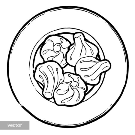 Khinkali, hinkali on a plate. Georgian menu cuisine. Ink hand drawing. Food, vegetables and fruit isolated on white background. Book illustration, recipe, menu, magazine or journal articleのイラスト素材