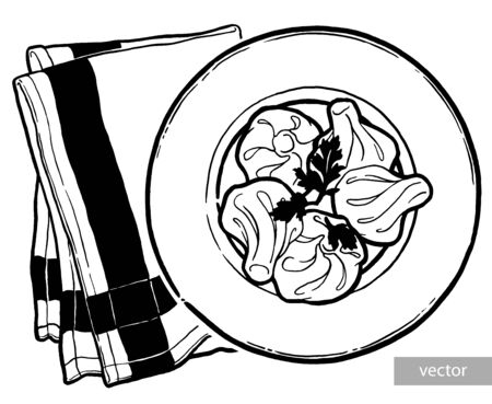 Khinkali, hinkali on a plate. Georgian menu cuisine. Ink hand drawing. Food, vegetables and fruit isolated on white background. Book illustration, recipe, menu, magazine or journal articleのイラスト素材