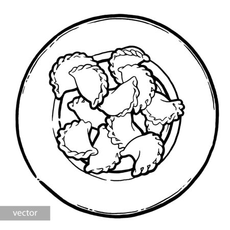 Dumplings, vareniki on a plate. Ink hand drawing. Food, vegetables and fruit isolated on white background. Book illustration, recipe, menu, magazine or journal article.のイラスト素材