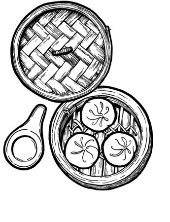 Dim sum. Black and white linear graphic. Ink hand drawing. Asian food. Chinese cuisine. Hand drawn illustration. Menu for cafe, restaurant, street festival, farmers market, poster, banner, sticker.の写真素材